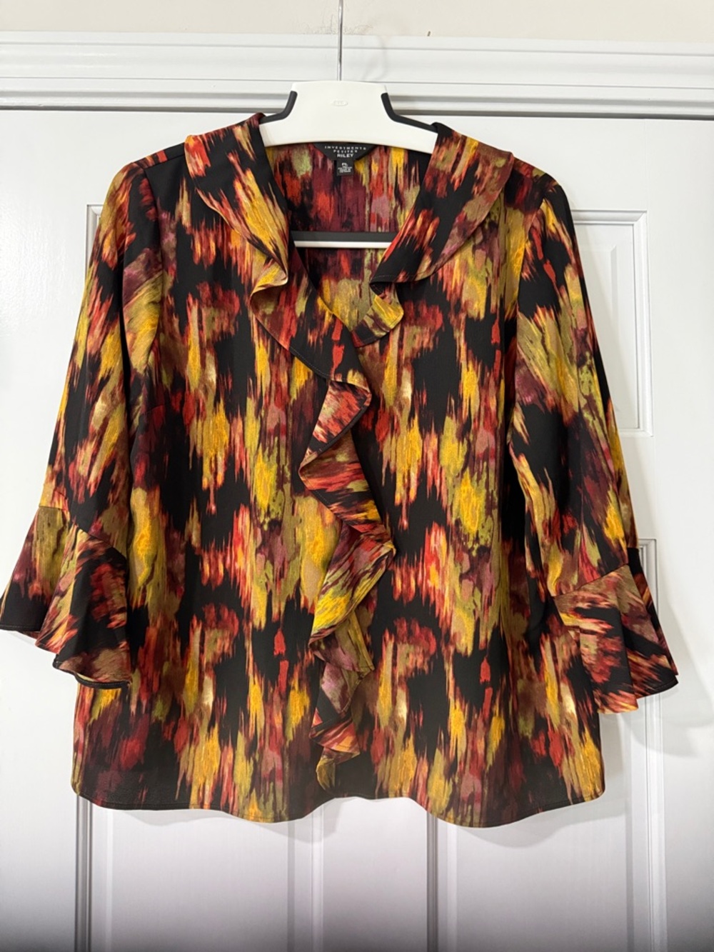 Investments Black Blouse with Red and Yellow Abstract Print Petite RILEY Size PL